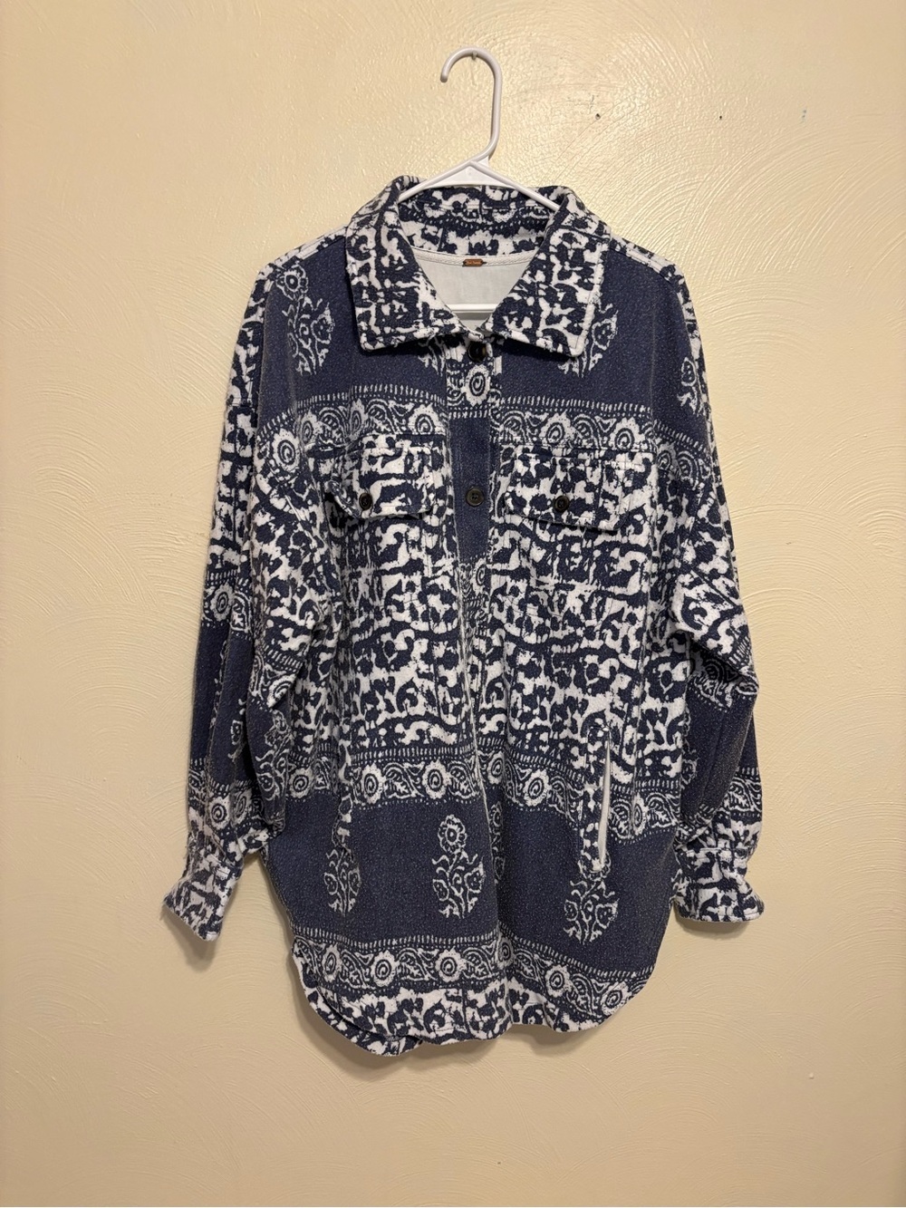 Free People Oversized Blue White Printed Shacket Jacket Boho Button Front